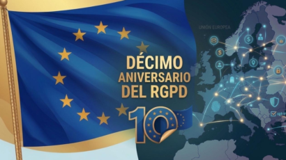 En conmemoración de los 10 años del RGPD: bandera de la Unión Europea junto a un mapa digital de Europa con iconos de privacidad y protección de datos