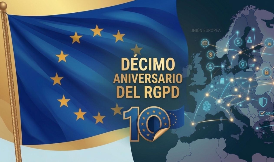 En conmemoración de los 10 años del RGPD: bandera de la Unión Europea junto a un mapa digital de Europa con iconos de privacidad y protección de datos