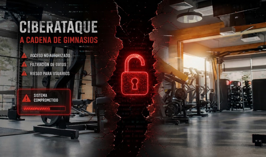 Sala de gimnasio como representación de una cualquier cadena. Se ve una brecha de seguridad por motivo del ciberataque a Basic-fit.