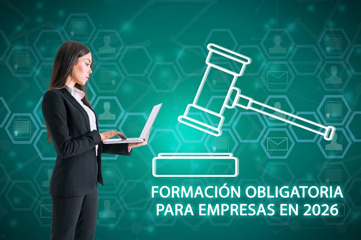 Profesional con portátil junto a un mazo de justicia sobre fondo verde con iconos de documentos y certificados. Formación obligatoria para empresas en 2026.