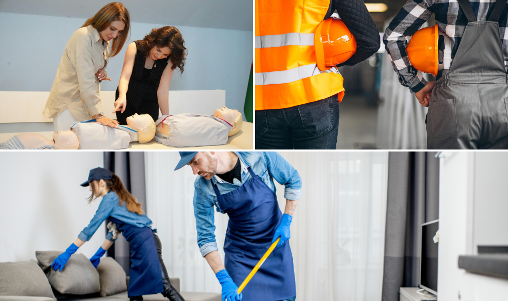 Collage de trabajadoras y trabajadores en formación sanitaria, obra y limpieza cumpliendo Ley de prevención de riesgos laborales